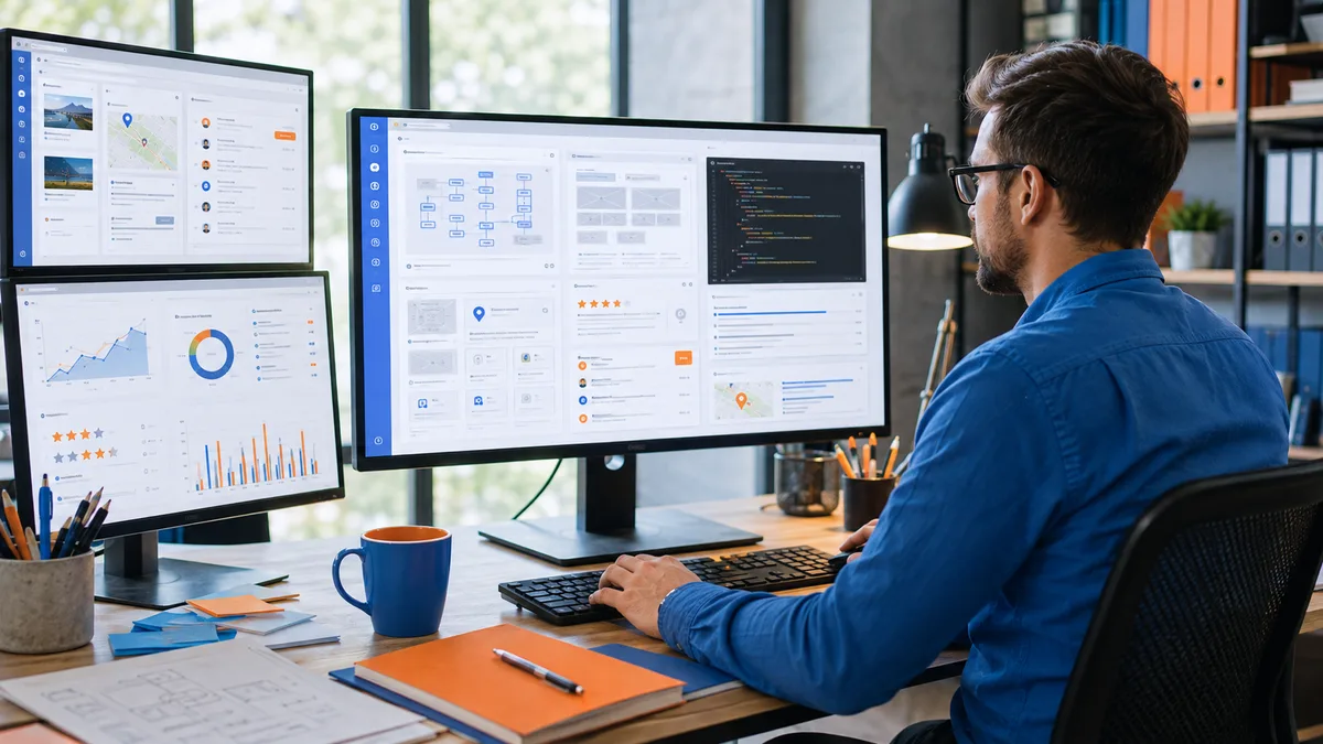 Featured illustration for Answer Engine Optimization (AEO) in 2026 showing AI search, local business rankings, and digital marketing concepts with Oootech branding in blue and orange.